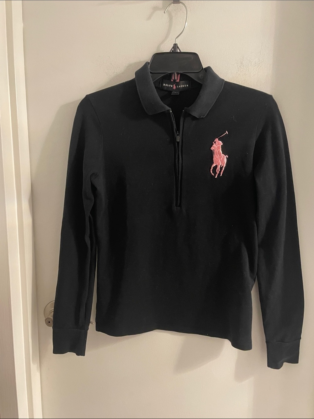 Ralph Lauren Black Label Med Black Pink  Big polo 1/4 Zip polo Slim L/S shirt